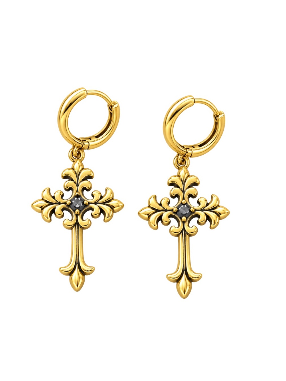 NWT Gold Tone Gothic Cross Dangly Hoop Earrings
